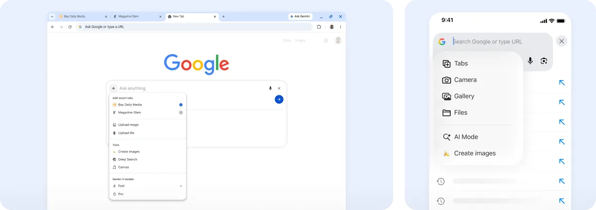A menu on mobile and desktop devices shows how you can add context like tabs, images, and files to your AI Mode search