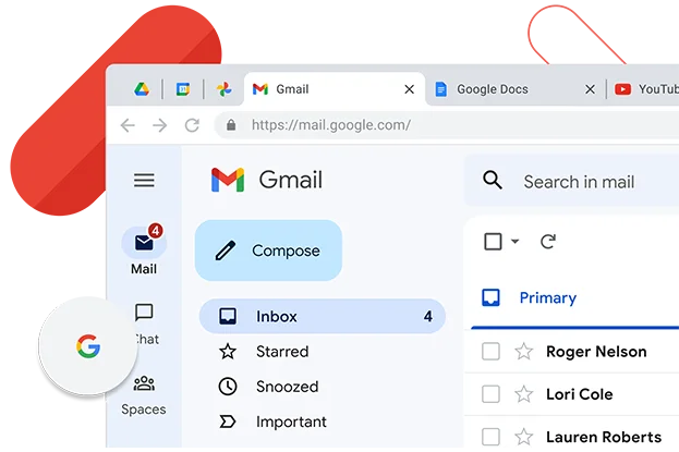 Chrome's window displays Gmail inbox next to the browser tabs of Youtube and Google Docs.