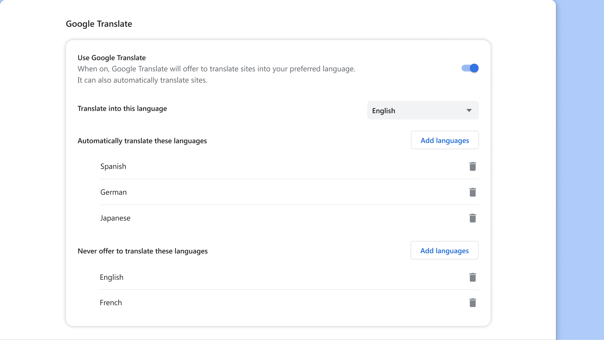 Google Translate setting page in Chrome