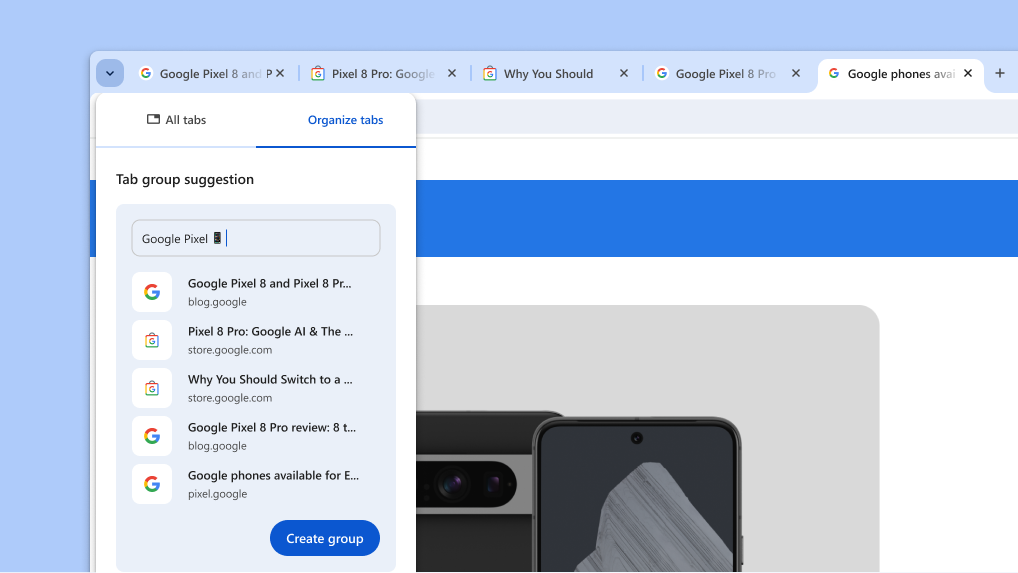 An AI tab group suggestion from Chrome that includes a group name and several tabs.